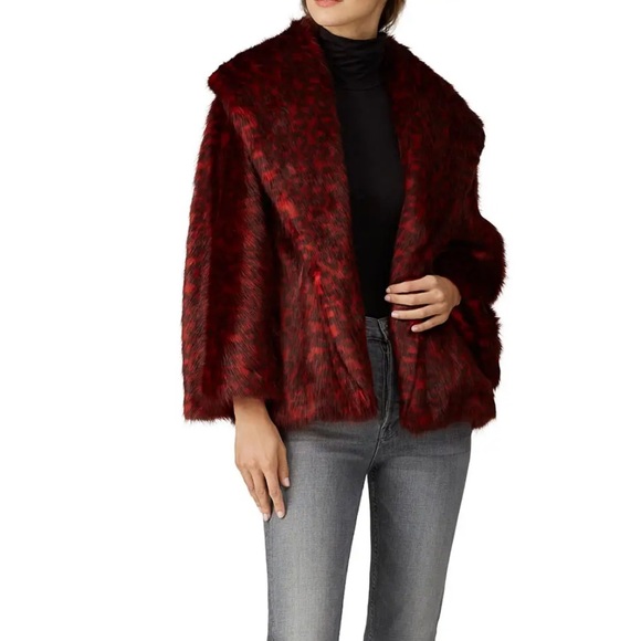Natori size medium Red/black faux fur 1/4‎ sleeve cropped coat - Picture 1 of 15